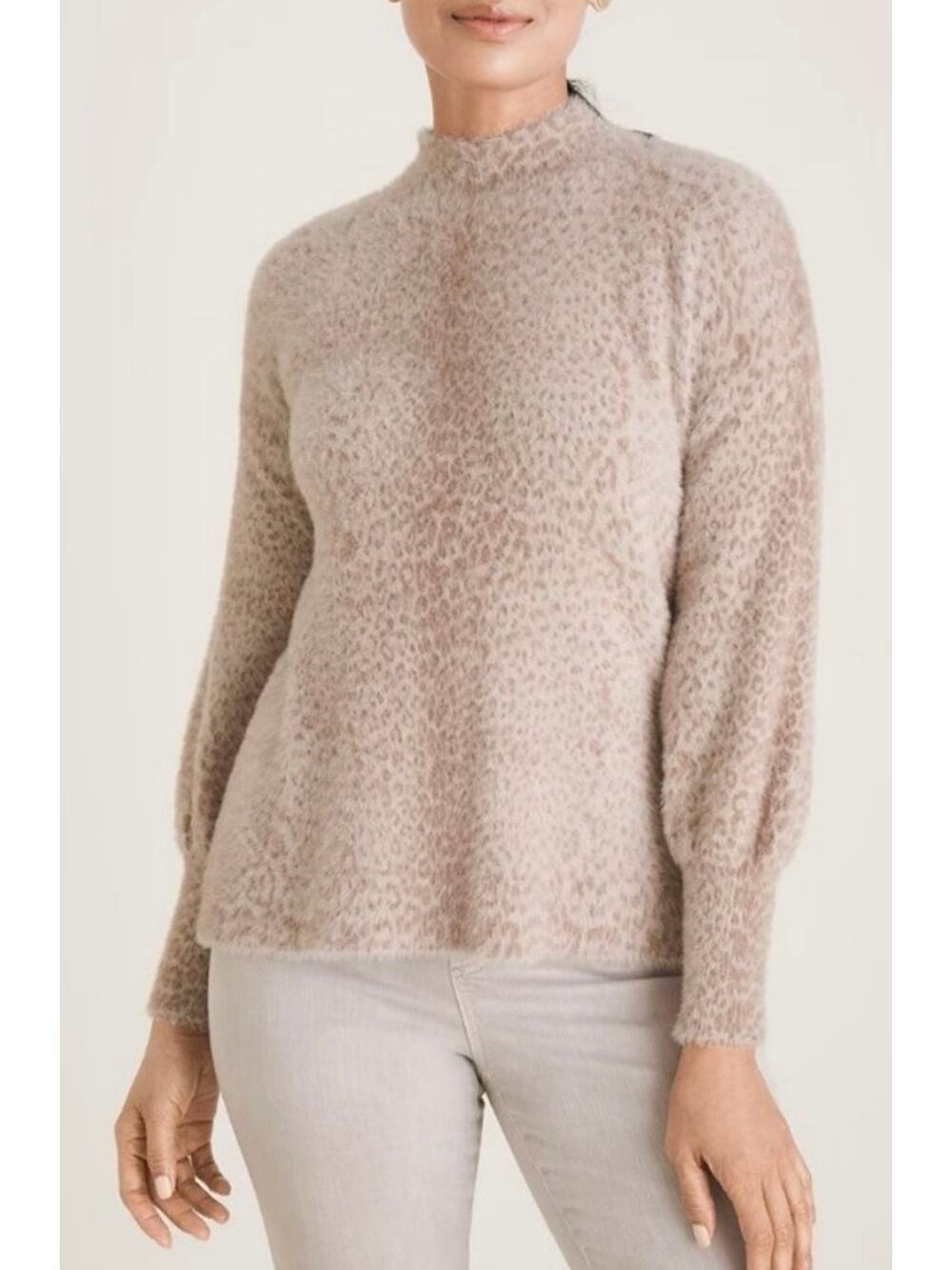 Chico's Soft Eyelash Yarn Light Tan Animal Print Mock Neck Knit Sweater MEDIUM